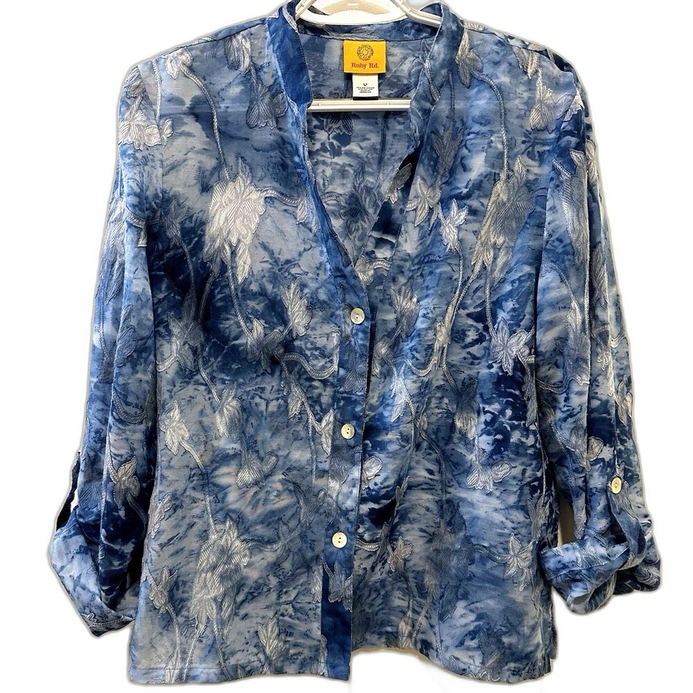 Ruby Rd Blue Embroidered Floral Button Front Blouse Roll Tab Sleeves SZ 12